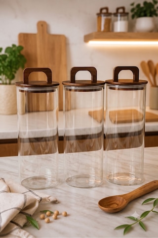 Aria- 3'lü Borosilikat Bambu Kapaklı Kavanoz 1300 Ml Düz Kahverengi
