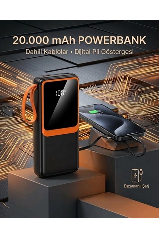Kargo 20000 Mah Yüksek Kapasiteli Powerbank Dahili Kablolu Dijital Göstergeli Taşınabilir Şarj Cihazı Najmaddin Çok Renkli
