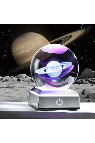 Honeybeeshop 1 Adet 3d Satürn Kristal Top Gece Lambası 8 Cm 3 15 İnç Modern Led Taban Dokunma Kontrollü Renk Değiştiren Cam Küre Uzay Temalı Masaüstü Lambası 16renk Şarj Edilebilir