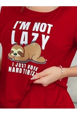 Reka Moda Kadın Kısa Kollu Bisiklet Yaka Baskılı Viskon Bluz Ve Şort Ikili Takım Kırmızı