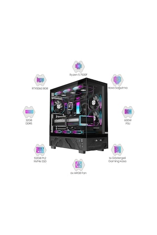 Dragos DRX7928 R5-7500F 16 GB 512 GB NVMe SSD RTX5060 Free Dos Oem Paket Masaüstü Oyuncu Bilgisayarı