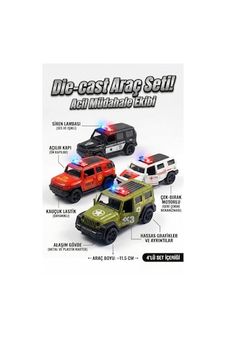 4'lü Die-cast Metal Oyuncak Araba Seti - Sesli Işıklı Çek Bırak İtfaiye Polis Ambulans Askeri Araç Çok Renkli