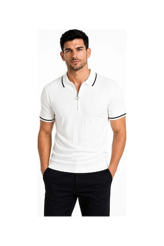 Vexor Erkek Fitilli Triko T-shirt Polo Yaka Yarım Fermuarlı Kısa Kollu Tişört - Beyaz Çok Renkli
