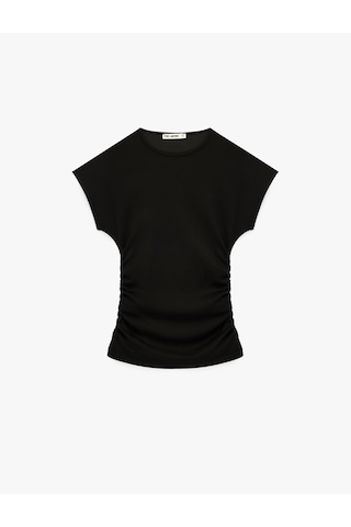 Koton Slim Fit Kısa Kollu Bisiklet Yaka Büzgülü Tişört Siyah 6sal10637ık