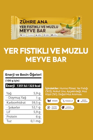 Yer Fıstıklı Ve Muzlu Meyve Bar, Şeker İlavesiz 35 Gr X 12 Adet