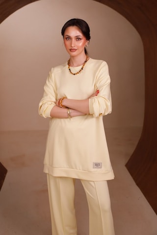 Balenbi Kadın Oysh Modal Kumaş Oversize 80 Cm Tunik Bol Paça Pantolon Tesettür Takım 1228 Sarı