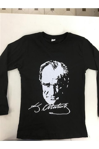 Unisex Atatürk Baskılı Uzun Kol T-shirt-8910 Siyah