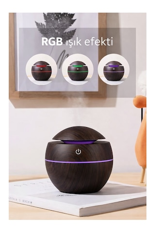 Prime Home Oval 200ml Hava Nemlendirici - 7 Renk Rgb Işıklı Difüzör - Type-c Girişli Aromaterapi Regular Koyu Kahverengi