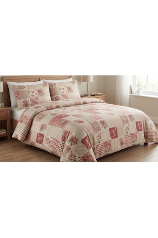 Makiteks Battal Boy 240x220 Pamuklu Patchwork Gül Desenli Nevresim Seti - Country Tarz Kırkyama Model Pembe
