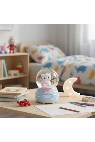 Pilli Işıklı Müzikli Kar Küresi-şanslı Toplu Kedi Figürlü Eğlenceli Masaüstü Biblo, Led Aydınlatmalı Dekoratif Hediyelik Kar Küresi Bx40