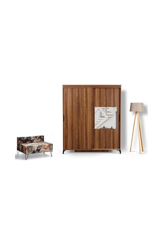 Pasifichome Huga Sürgülü Gardırop Ceviz 150Cm / 2 Kapaklı Çekmeceli Dolap