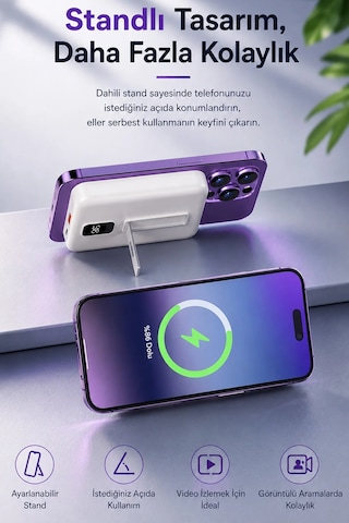 Exenar - Beyaz - 15w Kablosuz Şarjlı Powerbank Standlı Magsafe Pd 20w Hızlı Şarj 10.000 Mah Dijital Göstergeli
