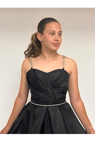 Butikhappykids Kız Çocuk Abiye Siyah Taş Kordon Askılı Kalp Yaka Kuyruklu Şifon Abiye Elbise 10-15 Yaş Siyah