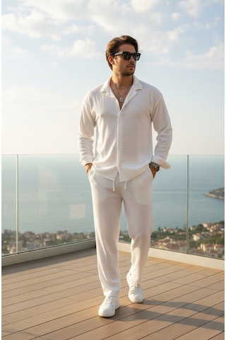 Fifty Color Kırışmaz Yazık Likralı Bürümcük Kumaş Gömlek Ve Pantolon Takım Beyaz