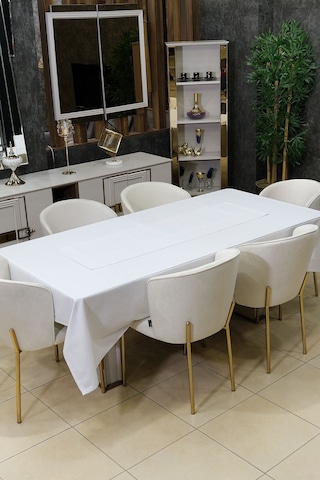 Dream 8 Parça Masa Örtüsü Seti Çeyiz Seti Salon Masa Örtüsü, Runner, 6'lı Peçete Beyaz