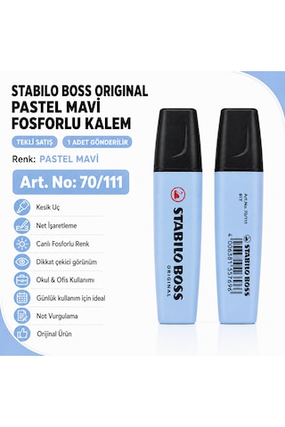 Boss Fosforlu Kalem 1 Adet Metin İşaretleme Kalemi Pastel Mavi