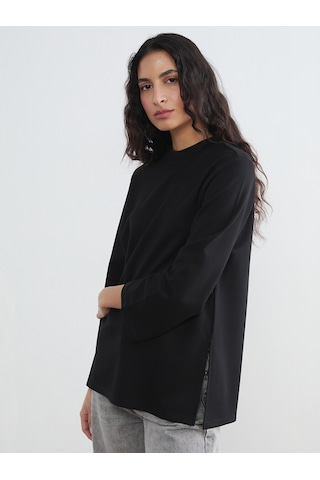 Lcw Modest Siyah Bisiklet Yaka Soft Touch Kadın Sweatshirt Tunik