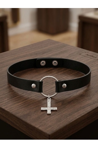 Mor Haç Detaylı Choker Kolye Kadın Gotik Boyunluk Kolye Punk Alternatif Moda Aksesuarı Ayarlanabilir Yaka Kolyesi Gri
