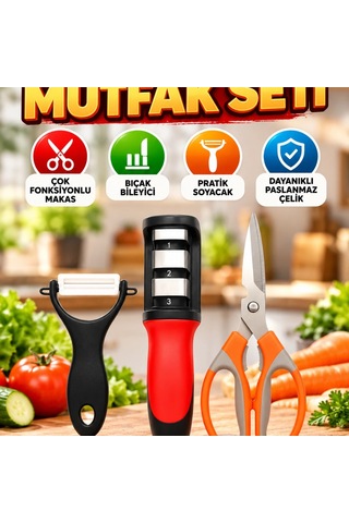 3 Parçalı Çok Fonksiyonlu Mutfak Makas Seti Sebze, Et Ve Kapak Açıcı Makas, Bileyici Ve Soyacak Renkli