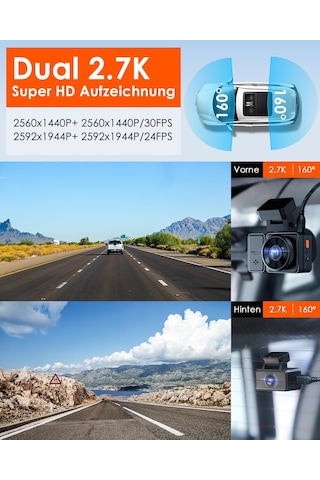 Vantrue E2 2.7k+2.7k Araç Kamerası Araç Ön Arka 5ghz Wifi 9mb/s Gps, Uzaktan Kumanda Sesli Komutlar Araç Kamerası Çift 1944p/1440p Wdr Gece Görüş Tampon Park Modu Araç Kamerası, 2,45'' 320 G Sensör, Maks. 512 Gb