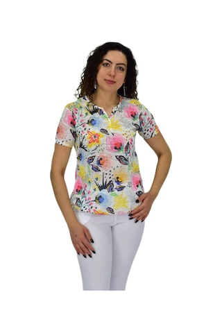 Kadın Kısa Kol Baskılı Bluz Bgl-st04687 Krem