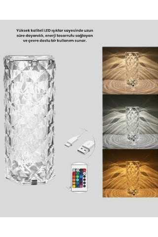 Kristal Rgb Led Li Kumandalı Masa Ve Gece Lambası Renkli Işık Modlarıyla Şık Dekoratif Aydınlatma Çokrenkli