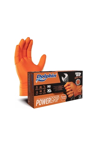 Dolphin Nitril Powergrip Ekstra Kalın Elmas Dokulu Eldiven Turuncu Xl Büyük Boy - 50'li 20 Paket