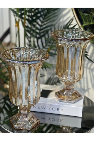 Elta Collection Lüks Füme & Gold Cam Dekoratif Vazo Modern Masa Üstü Ev Aksesuarı Altın