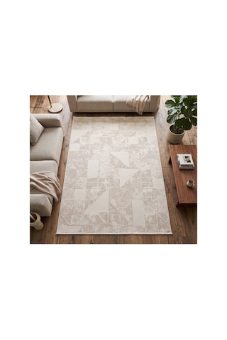 Merinos Vista Krem Renk %100 Akrilik Parlak Dokuma Bej Geometrik Desenli Yumuşak Dokulu Salon Oturma Odası Halısı 76644-61