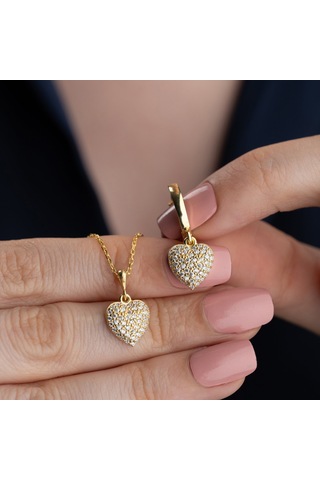 Vaoov 925 Ayar Gümüş 2li Taşlı Kalp Set Gold
