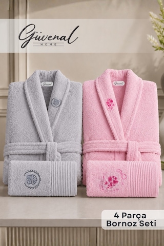 Nil 4 Parça Pamuklu Unisex Bornoz Ve Havlu Seti Bornoz Erkek Bornoz Kadın Bornoz Havlu Hediyelik Sabahlık Çeyiz Gri - Pembe