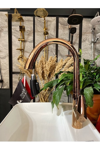 İsaoğlu Yapı Bakır Mutfak Bataryası Bronz Evye Musluğu Spiralli Batarya Premium Tasarım Rose Bakır Mutfak Armatür Rose Gold