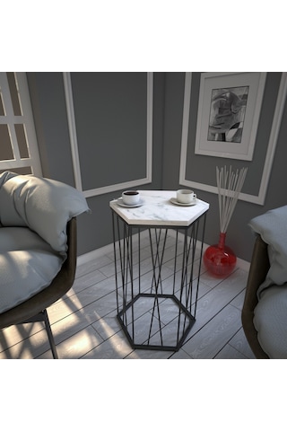 Cetrus Beyaz Mermer Yan Sehpa & Servis Sehpası Metal Marmo