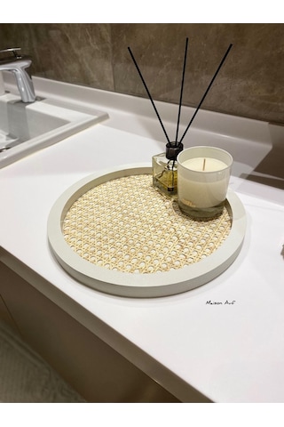 Rattan Hazeran Yuvarlak Tepsi Beyaz %100 Doğal Hazeran