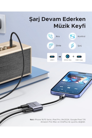 Ugreen Usb-c 3.5mm Kulaklık Jakı Ses Adaptörü Ve Şarj Cihazı Dac Tip C - Aux Kulaklık Ayırıcı, 60164 -