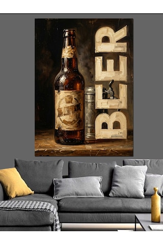 Bira Şişesi Ve Retro Yazı Dekoratif Kanvas - Mdf Ahşap Tablo
