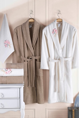 Newhome Mimoza2 6 Parça Kutulu %100 Pamuk Aile Bornoz Seti Krem/kahve Karışık