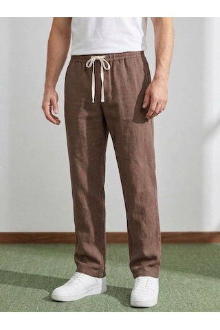 Danger Erkek Baggy Kalıp Beli Lastikli %100 Pamuk Keten Görünümlü Pantolon Kahverengi 1007dngr