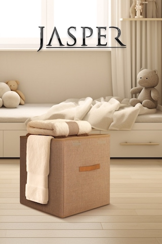 Jasper Krem Çocuk Odası Oyuncak & Eşya Düzenleyici Katlanabilir Kulplu Kutu Hurç Krem - Gold