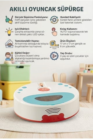İlk Robot Süpürgem! Pilli Işıklı Süpürme Özellikli Hareket Eden Vakumlu Oyuncak Robot Süpürge