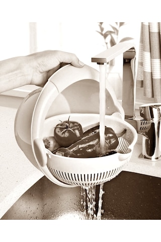 Buz Mavi Dönerli Çiftli Süzgeç Makarna Süzgeci