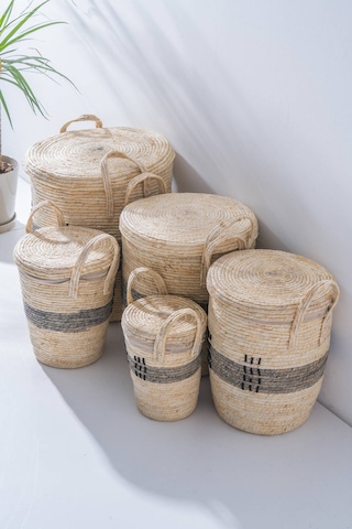 Mira Hasır 5 Li Çok Amaçlı Sepet Seti Krem