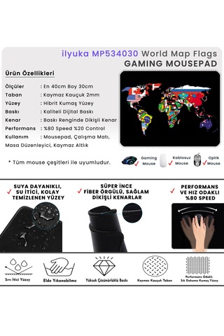 İlyuka Mousepad 40x30cm Gaming Oyuncu Mp534030 World Map Flags