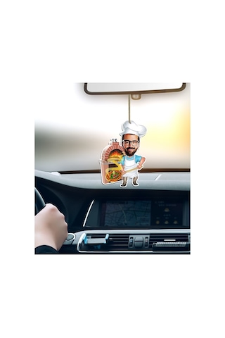 Kişiye Özel Bay Kebapçı Karikatürlü Ahşap Araba Dikiz Ayna Süsü