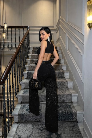 Glammoss L'atelier Yüksek Bel Taş Detaylı Wide Leg Jean Blackshine Blackshine
