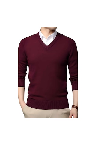 Tezzgelsin 3'lü Erkek V Yaka Uzun Kol Triko Tüylenmez Süveter Erkek Slim Fit Süveter Siyah - Bordo - Füme