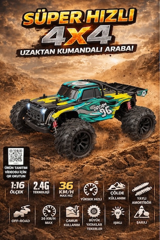 Sarı 1:16 Rc Araba 36 Km/h Hızlı 4x4 Uzaktan Kumandalı Off Road Drift Araç Şarjlı 2.4ghz