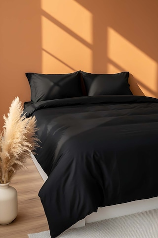 Elegant Siyah Saten Çift Kişilik %100 Pamuklu Nevresim Takımı - 4 Parça Siyah