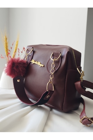 Vivazzaluxe Mini Boy Deri Puf Charm Detaylı El Omuz Ve Çapraz Çanta Bordo