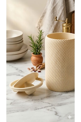 Modern Geometrik Dokulu Döner Kapaklı Masaüstü Çöp Kutusu- 18 Cm Krem Krem